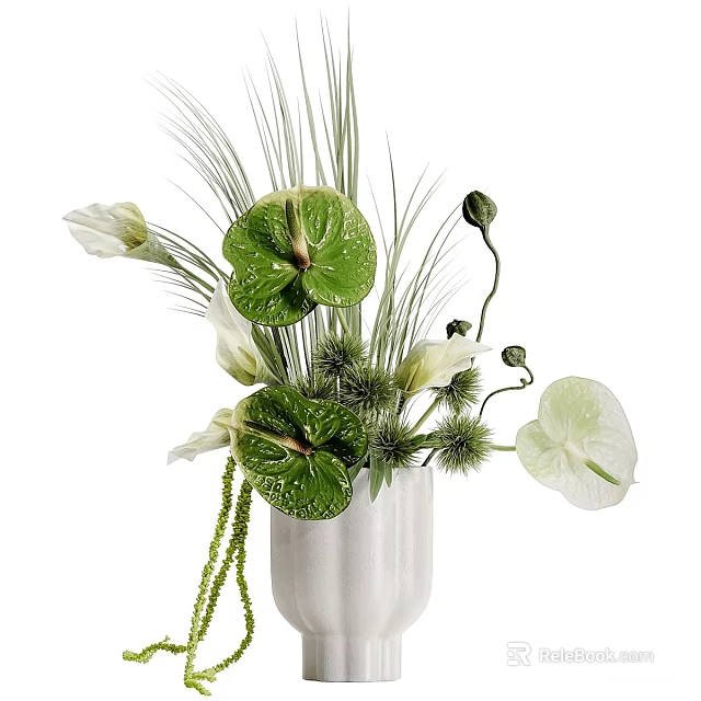 Fresh Floral Arrangement in White Vase with Green Leaves White Flowers and Slender Grasses 3d model 