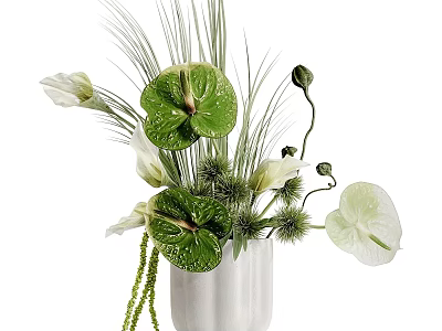 Fresh Floral Arrangement in White Vase with Green Leaves White Flowers and Slender Grasses 3d model