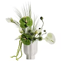 Fresh Floral Arrangement in White Vase with Green Leaves White Flowers and Slender Grasses