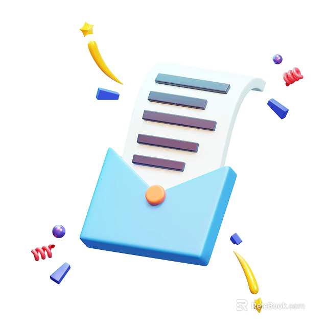 Blue Envelope With Rolled Paper And Colorful Decorative Geometric Elements Around It 3d model