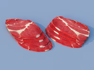 Fresh Raw Beef Slices With White Fat Marbling Stacked On Blue Background 3d model
