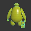 Large White Robot Character Standing With Small Kitten Holding Yellow Item 3d model