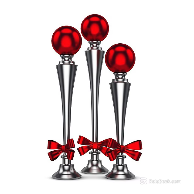 Stylish Ornament Decor Set with Red Spheres Silver Bases and Red Bows for Home Decor 3d model 