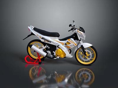 White And Yellow Sporty Motorcycle With Black Seat Red Stand And Yellow Wheels 3d model