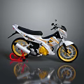 White And Yellow Sporty Motorcycle With Black Seat Red Stand And Yellow Wheels