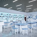 Modern Laboratory Interior Design With Lab Tables Blue Stools Computers And Bookshelves