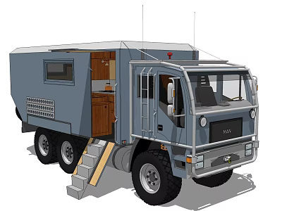 Gray Camper Truck Featuring Kitchen Interior And Exterior Ladder For Camping 3d model