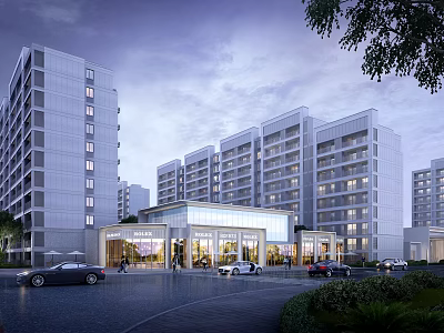 Modern Residential Building Complex With Community Center And Landscaping In Evening Light 3d model