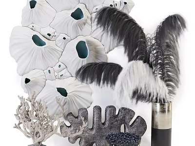 Modern Elegant Decorative Ornament Set With Floral Feathers Coral Leaf Shaped Decor And Vase 3d model