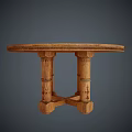 Round Wooden Dining Table With Carved Surface And Cross Legs Design