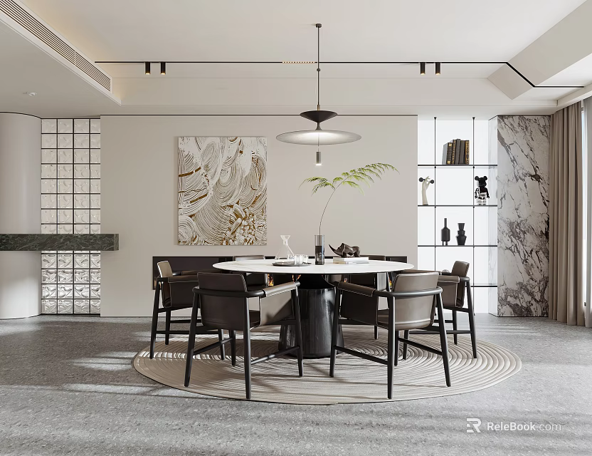 Elegant Modern Restaurant Interior With Round Dining Table Chairs Pendant Light And Marble Decor 3d model