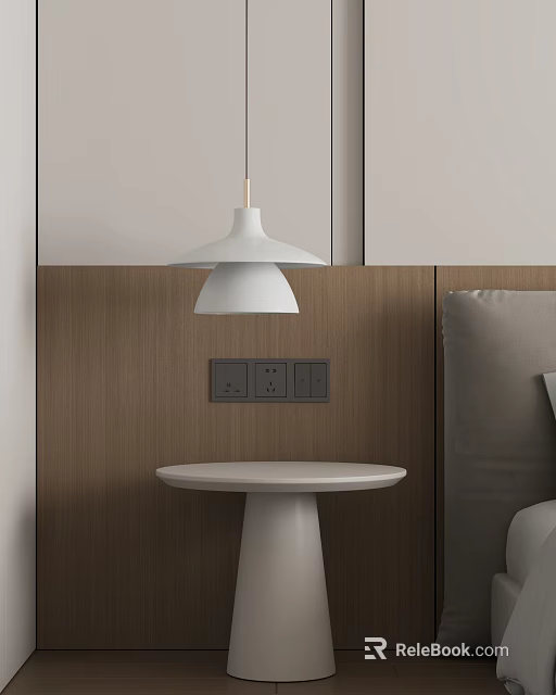 Modern Bedroom Interior Design With Wooden Wall White Pendant Lamp And Round Side Table 3d model 