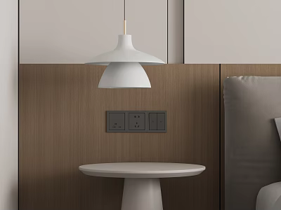 Modern Bedroom Interior Design With Wooden Wall White Pendant Lamp And Round Side Table 3d model