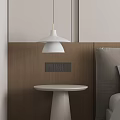 Modern Bedroom Interior Design With Wooden Wall White Pendant Lamp And Round Side Table
