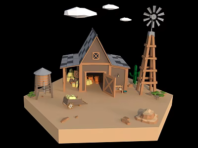 Cartoon Rural Scene With Small House Windmill Water Well Cactus Clouds And Wheelbarrow 3d model