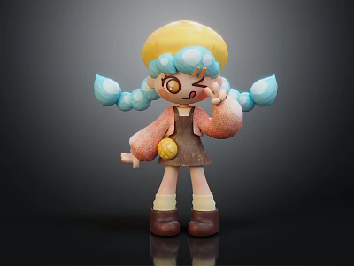 Cute 3D Cartoon Character With Yellow Blue Hat Turquoise Pigtails Winking Expression Brown Overalls 3d model
