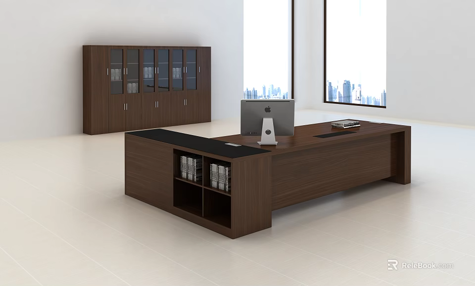 Modern Office Desk With Walnut Computer Monitor Books And Wooden Cabinet By City View Window 3d model 