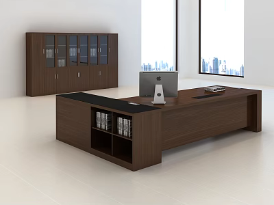 Modern Office Desk With Walnut Computer Monitor Books And Wooden Cabinet By City View Window 3d model