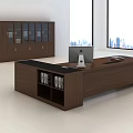 Modern Office Desk With Walnut Computer Monitor Books And Wooden Cabinet By City View Window