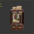 Open Wooden Wardrobe With Hanging Clothes Drawers And Cardboard Boxes On Top
