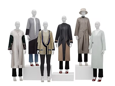 Fashion Mannequins Displaying Stylish Outfits With Coats Dresses Hats And Accessories 3d model