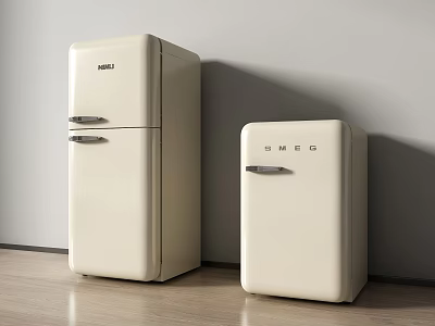 Cream White Retro Style Double Door Refrigerator And Single Door Freezer In Modern Home 3d model