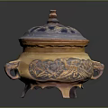 Ornate Antique Ceramic Censer With Carved Patterns Covered Lid Side Handles And Tripod Base