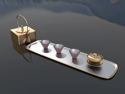 Modern Tea Set With Golden Teapot Ceramic Cups And Sleek Serving Tray 3d model