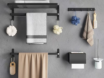 Wall Mounted Bathroom Shelf With Towels Bath Sponge Brush And Toilet Paper Holder 3d model
