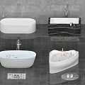 Modern Stylish White Bathtubs in Different Shapes with Flower Petals Dark Tiled Floor and Slippers