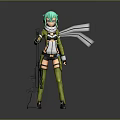 Anime Style Game Character With Teal Hair Green Outfit White Scarf And Rifle