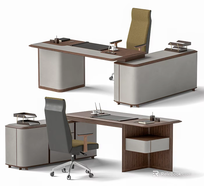 Modern Office Desk Design With Executive Chair Storage Drawers And Work Surface 3d model 