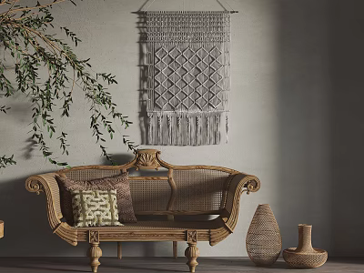 Wicker Lounge Bench With Macramé Wall Art Green Plant Branches And Wicker Vases 3d model