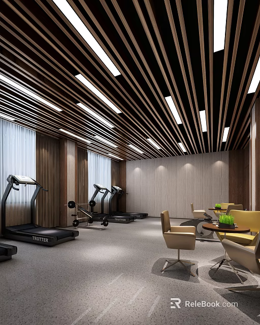 Modern Fitness Gym Interior With Treadmills Workout Equipment And Seating Area 3d model 