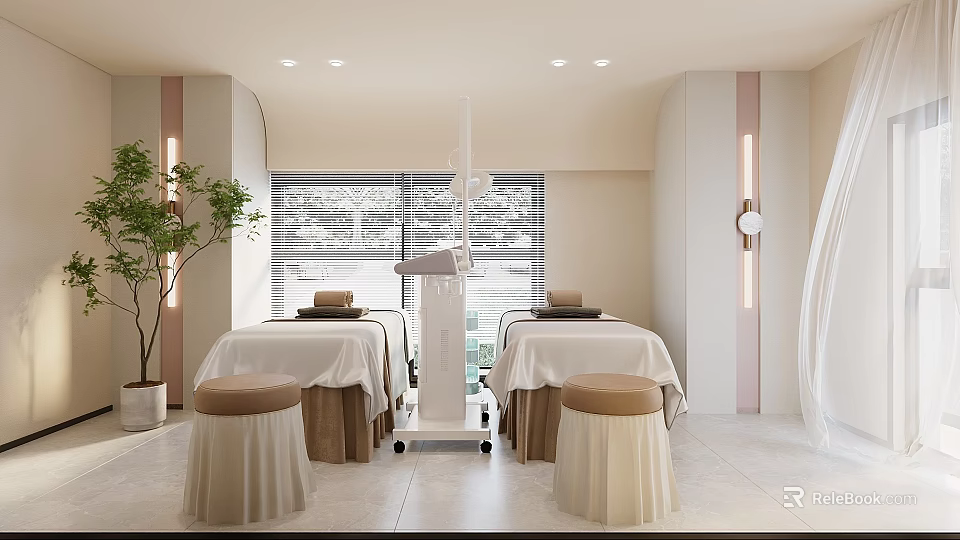 Modern Beauty Salon Interior Design With Treatment Beds Equipment And Plants 3d model 