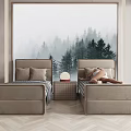 Modern Single Bed Interior With Beige Upholstery And Forest View Window 3d model
