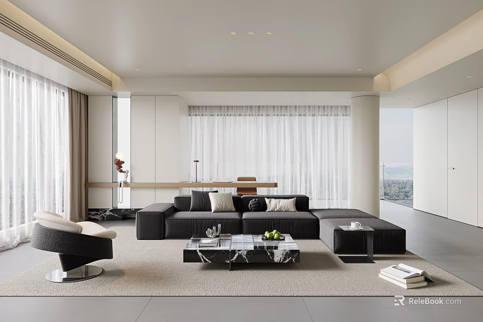 Modern Living Room Interior Design With Sofa Coffee Table Rug And Floor To Ceiling Windows 3d model 