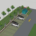 Electric Vehicle Parking Lot With Charging Stations And Green Trees Under Blue Sky