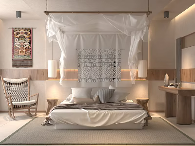Hotel Room Interior With White Canopy Bed Geometric Tapestry Wicker Chair And Wooden Furniture 3d model