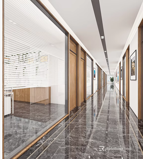 Modern Office Corridor with Wooden Doors Window Blinds Marble Flooring and Decorative Paintings on Walls 3d model 
