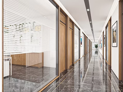 Modern Office Corridor with Wooden Doors Window Blinds Marble Flooring and Decorative Paintings on Walls 3d model