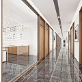 Modern Office Corridor with Wooden Doors Window Blinds Marble Flooring and Decorative Paintings on Walls