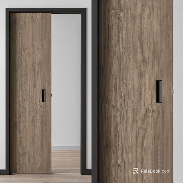 Modern Wooden Sliding Doors With Black Handles And Natural Wood Grain 3d model 
