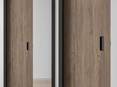 Modern Wooden Sliding Doors With Black Handles And Natural Wood Grain 3d model