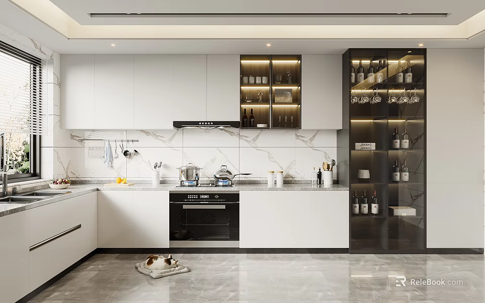 Modern Kitchen Interior With White Cabinets Marble Countertop Wine Storage And Appliances 3d model 
