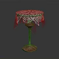 Red Marble Round Table Furniture With Tall Pedestal Base And White Lace Fringed Tablecloth