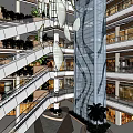 Modern Shopping Mall Interior With Multiple Floors Escalators Plant Decorations And Glass Facades