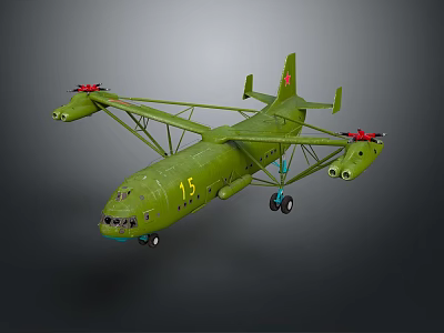 Green Military Airplane With Number 15 Twin Engines Landing Gear And Red Star 3d model
