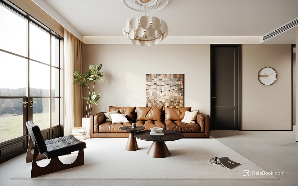 Modern Living and Dining Room with Brown Sofa Round Chandelier and Decorative Painting 3d model 
