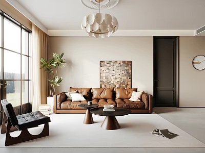 Modern Living and Dining Room with Brown Sofa Round Chandelier and Decorative Painting 3d model